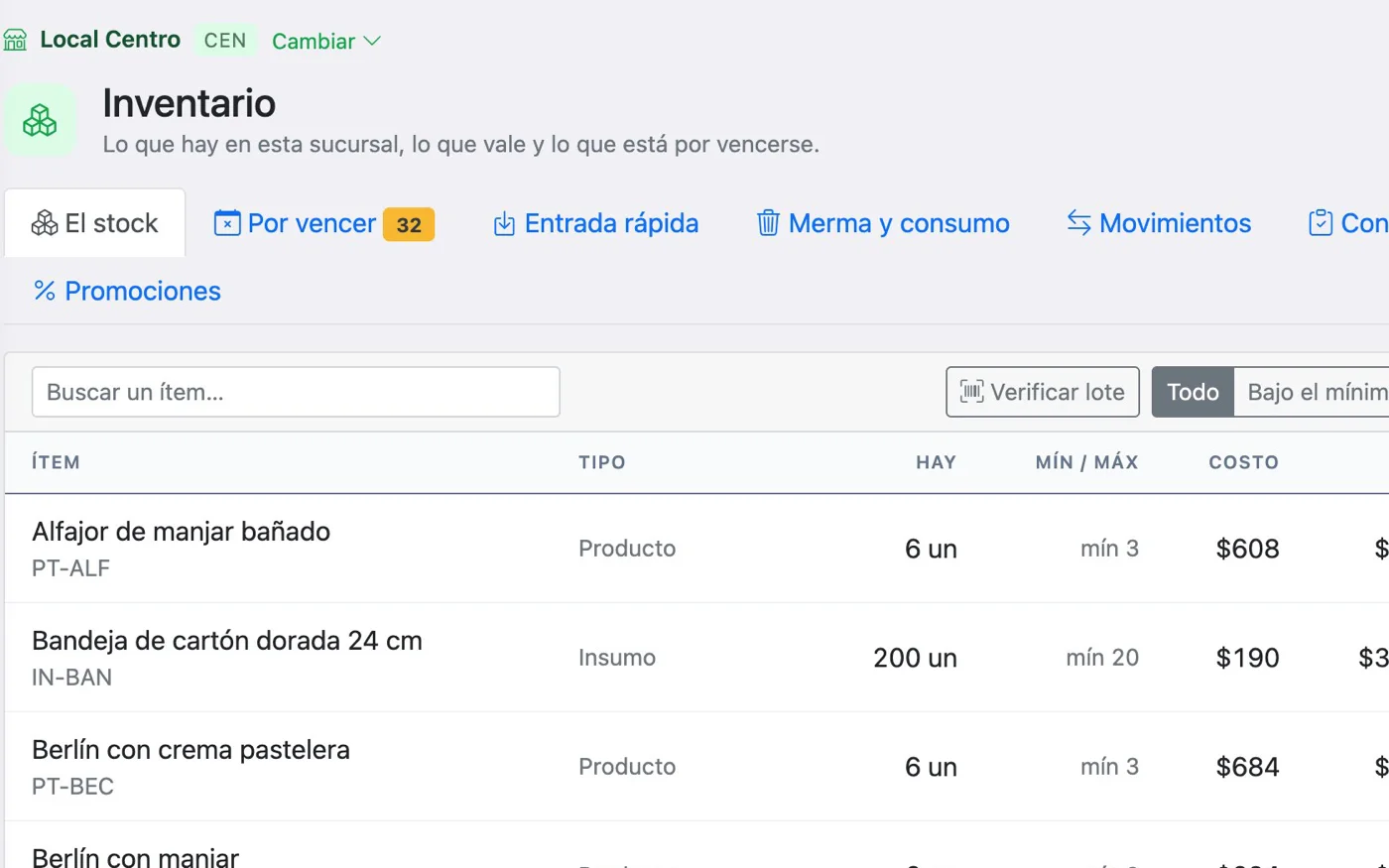Inventario de una sucursal con costo, valor y vencimientos